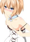  bare_shoulders blanc blue_eyes blush breasts brown_hair dress dress_pull highres jewelry looking_at_viewer neck_ribbon neptune_(series) nipples ribbon shikniful short_hair small_breasts solo strap_slip white_dress 