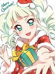  :d aikatsu! aikatsu!_(series) aqua_eyes bangs blunt_bangs blush christmas commentary_request drill_hair fang gift hat highres looking_at_viewer merry_christmas mini_hat open_mouth santa_costume santa_hat sekina short_sleeves simple_background smile solo toudou_yurika twin_drills v-shaped_eyebrows white_background white_hair 