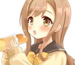  baguette blush bow bread brown_eyes brown_hair eyebrows_visible_through_hair food holding holding_food kunikida_hanamaru long_hair looking_at_viewer love_live! love_live!_sunshine!! open_mouth ringo_(nanaprin) solo sweat upper_body yellow_bow 