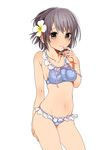  bad_id bad_pixiv_id bikini black_eyes embarrassed finger_to_mouth flower frilled_bikini frills grey_hair hair_flower hair_ornament highres idolmaster idolmaster_cinderella_girls looking_at_viewer nao_(nconco-line) navel otokura_yuuki ribbon-trimmed_bikini short_hair solo swimsuit 