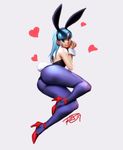  animal_ears ass bare_shoulders blue_eyes blue_hair bulma bunny_ears bunny_tail bunnysuit detached_collar dragon_ball dragon_ball_(classic) heart high_heels highres looking_at_viewer pantyhose robert_porter smile solo tail wrist_cuffs 
