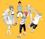  3girls bangs blunt_bangs braid crossed_arms everyone fishing_rod hat holding holding_fishing_rod kaki_(pokemon) lillie_(pokemon) limited_palette long_hair looking_at_viewer looking_back mamane_(pokemon) mao_(pokemon) multiple_boys multiple_girls orange_background overalls pants pokemon pokemon_(anime) pokemon_sm_(anime) ryuga_(balius) satoshi_(pokemon) shoes short_hair shorts simple_background sketch smile standing suiren_(pokemon) tan very_long_hair 