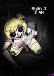  1girl blonde_hair blush_stickers breasts fang female five_nights_at_freddy&#039;s five_nights_at_freddy&#039;s_2 glowing glowing_eyes looking_at_viewer open_mouth pink_eyes robot short_hair smile toy_chica 