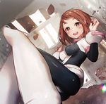  :d ass blush blush_stickers bodysuit boku_no_hero_academia breasts brown_eyes brown_hair debris gio_(maroon0924) looking_at_viewer medium_breasts open_mouth short_hair smile solo uraraka_ochako 