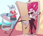  anthro clothed clothing duo female fish food fully_clothed hair legwear marine partially_clothed pink_hair pizza shark slushypanda standing surprise underwear white_hair wide_hips 