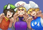  :3 :d animal_ears bangs blonde_hair blue_background blush breast_squeeze breasts brown_hair cat_ears chanta_(ayatakaoisii) chen chinese_clothes commentary_request eyebrows_visible_through_hair fangs flat_chest fox_ears hat large_breasts long_hair looking_at_viewer multiple_girls open_mouth orange_eyes paw_pose pillow_hat red_eyes red_hat shirt short_hair short_sleeves simple_background slit_pupils smile tabard touhou white_hat white_shirt wide_sleeves yakumo_ran yakumo_yukari 