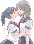  arm_grab ayanero_taicho bangs blue_hair closed_eyes eyebrows_visible_through_hair grabbing grey_eyes grey_hair imminent_kiss lips multiple_girls original ponytail red_ribbon ribbon school_uniform simple_background swept_bangs twitter_username white_background yuri 