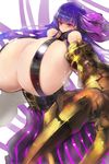  1girl breasts claws cleavage fate/extra fate/extra_ccc fate_(series) gauntlets gigantic_breasts gond hair_ribbon long_hair passion_lip pinstripe_pattern purple_hair ribbon smile solo 