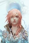  asymmetrical_hair blue_eyes breasts chest_tattoo cleavage collarbone crystal final_fantasy final_fantasy_xiii highres lightning_farron looking_at_viewer medium_breasts nikusenpai pink_hair popped_collar serious solo tattoo 
