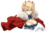  ahoge armor armored_dress artoria_pendragon_(all) artoria_pendragon_(lancer) blonde_hair braid breasts capelet cleavage commentary_request crown fate_(series) fumika_asano green_eyes hair_between_eyes looking_at_viewer medium_breasts sidelocks simple_background solo upper_body white_background 