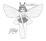  antennae barefoot blasticussaturn clothing embarrassed fairy female hair miniskirt monochrome not_furry open_mouth short_hair skirt wings young 