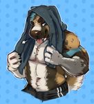  2016 4_fingers anthro belly biceps biped black_bottomwear black_claws black_clothing blep blue_background blue_fur blue_nose blue_stripes brown_fur brown_nose brown_stripes canine claws clothed clothing digital_media_(artwork) digital_painting_(artwork) dog dotted_background fluffy fluffy_tail fur half-closed_eyes half-length_portrait head_tuft humanoid_hands jinash looking_away male mammal multicolored_fur musclegut muscular muscular_male navel outline panting pattern_background pecs pink_tongue portrait shorts simple_background smile solo standing striped_fur stripes tan_fur tongue tongue_out topless towel towel_around_neck wet white_fur 