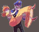  1girl anger_vein atsuko_(pixiv2232917) black_pants brown_hair carrying crown dress eye_contact gloves hand_on_another's_face hat high_heels long_hair looking_at_another mario_(series) orange_dress orange_hair overalls pants princess_carry princess_daisy purple_hat red_footwear shoes super_mario_bros. waluigi white_gloves 