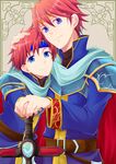  armor blue_armor blue_eyes cape cosplay durandal_(fire_emblem) eliwood_(fire_emblem) eliwood_(fire_emblem)_(cosplay) father_and_son fire_emblem fire_emblem:_fuuin_no_tsurugi fire_emblem:_rekka_no_ken fire_emblem_heroes headband highres holding holding_weapon looking_at_viewer male_focus miyakoji multiple_boys red_hair roy_(fire_emblem) short_hair smile sword weapon 