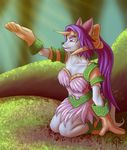  absurd_res armor boots clothing dress female footwear forest fur gloves hair helmet hi_res legend_of_mana mana_(series) purple_hair red_eyes sacrificabominat sierra_(mana) sunlight tree video_games white_fur 