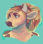  2017 ambiguous_gender anthro biped blonde_hair blue_eyes bovine brown_body brown_nose brown_spots cattle clothed clothing digital_media_(artwork) digital_painting_(artwork) eyelashes front_view girly green_background hair headshot_portrait hi_res horn inner_ear_fluff jinash looking_away mammal ponytail portrait simple_background solo spots spotted_body topless two_tone_body white_horn yellow_body 
