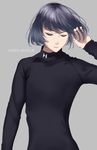  androgynous bangs bob_cut commentary_request eyebrows_visible_through_hair green_eyes grey_background grey_hair half-closed_eye hand_in_hair hand_up highres one_eye_closed original parted_lips raglan_sleeves saitou_(lynx-shrike) short_hair simple_background solo sportswear turtleneck under_armour upper_body 