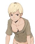  &gt;:) blonde_hair bottomless breasts brown_eyes cleavage downblouse earrings groin jewelry looking_at_viewer medium_breasts original short_hair smile solo tamaoki_benkyou v-shaped_eyebrows white_background 
