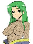  1girl artist_request breasts copyright_request fishnets ganbare_goemon green_eyes green_hair large_breasts long_hair nipples simple_background smile solo white_background yae 