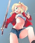  belt blonde_hair breasts clarent denim denim_shorts fangs fate/apocrypha fate_(series) from_below green_eyes jacket medium_breasts midriff mordred_(fate) mordred_(fate)_(all) mozu_(peth) ponytail red_jacket short_shorts shorts solo sword underboob weapon 
