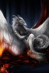  anthro blue_eyes breasts digitigrade dragon feathered_dragon feathers female fur furred_dragon grey_fur horn isvoc nipples non-mammal_breasts nude sitting solo white_feathers 