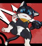  2017 4_fingers 4_toes anthro black_fur blue_eyes blush briefs bulge cat clothing feline fur hi_res huka inner_ear_fluff male mammal morgana_(persona) navel pawpads simple_background solo toes underwear white_fur 