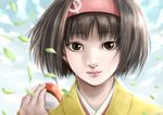  1girl artist_request black_hair brown_eyes cloud clouds erika_(pokemon) headband holding holding_poke_ball kimono leaf lips pokeball pokemon pokemon_(game) pokemon_hgss pokemon_rgby short_hair sky solo 