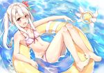  :d afloat bangs bare_legs barefoot bikini blush breasts collarbone commentary eyebrows_visible_through_hair fate/kaleid_liner_prisma_illya fate_(series) front-tie_bikini front-tie_top hair_between_eyes illyasviel_von_einzbern innertube konka long_hair looking_at_viewer magical_ruby ocean open_mouth pink_bikini side_ponytail sidelocks silver_hair small_breasts smile solo striped striped_bikini swimsuit 