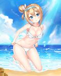  2drr :o absurdres adjusting_clothes adjusting_swimsuit armpit_peek bangs bare_arms bare_legs bare_shoulders barefoot beach bikini blonde_hair blue_eyes blue_hairband blue_sky blush breasts cleavage cloud collarbone day eyebrows_visible_through_hair frilled_bikini frills full_body girls_frontline groin hair_between_eyes hair_bun hair_ornament hairband head_tilt highres horizon kneeling light_rays looking_at_viewer medium_breasts navel ocean outdoors revision sand_castle sand_sculpture shiny shiny_skin short_hair side_bun sidelocks sky solo sparkle stomach suomi_kp31_(girls_frontline) swimsuit water_drop white_bikini 