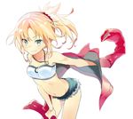  belt blonde_hair breasts denim denim_shorts fangs fate/apocrypha fate_(series) green_eyes jacket looking_at_viewer medium_breasts midriff mordred_(fate) mordred_(fate)_(all) ponytail red_jacket short_shorts shorts solo totemotsu_rai 