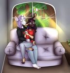  2017 anthro breasts brown_fur clothed clothing digital_media_(artwork) dreamph duo eyewear female fur glasses hair hindpaw lagomorph male male/female mammal mouse multicolored_fur musashi_neo_zeed paws purple_fur purple_hair rabbit rodent smile sofa teeth tyris_neo_zeed whiskers white_fur 