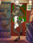  2018 5_fingers abs anthro antlers balls_outline blue_eyes brown_hair bulge cervine clothed clothing cloven_hooves hair harness hooves horn jingle_bell jingle_bell_harness jockstrap kihu male mammal mirror navel open_mouth penis_outline reindeer solo spiritpaw topless underwear 