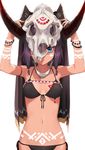  blue_eyes breast_tattoo breasts commentary_request front-tie_top groin highres horns looking_at_viewer medium_breasts miruto_netsuki navel original purple_hair short_hair side-tie_bottom skull smile solo tattoo tribal white_background 