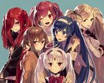  5girls ;d ahoge alternate_hairstyle anger_vein black_eyes blonde_hair blue_eyes blue_hair blush bow breasts brown_eyes brown_hair carmine cleavage clenched_teeth crossed_arms double_v expressionless forehead_jewel fur_trim hair_intakes hair_over_one_eye hair_ribbon hairband heterochromia hilda_(under_night_in-birth) huge_ahoge linne looking_at_viewer medium_breasts multiple_girls odd_one_out one_eye_closed open_mouth orie_(under_night_in-birth) pink_hair red_eyes red_hair red_sclera ribbon short_twintails smile suzunashi sweatdrop teeth twintails under_night_in-birth upper_body v vatista white_hair yuzuriha_(under_night_in-birth) 