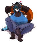  2017 anthro big_breasts blue_eyes breasts cleavage clothed clothing cosplay dickgirl ehbear eyewear glasses hair hairpin huge_breasts intersex mammal mei_(overwatch) mia_(talash) multicolored_hair overwatch penis precum red_panda short_hair simple_background solo torn_clothing two_tone_hair video_games wardrobe_malfunction white_background 