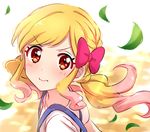  aikatsu!_(series) aikatsu_stars! bangs blonde_hair blush close-up closed_mouth commentary_request dot_nose eyebrows_visible_through_hair from_side gradient_hair hair_ribbon highres leaf long_hair looking_at_viewer looking_to_the_side multicolored_hair nijino_yume outdoors pink_hair pink_ribbon pout red_eyes ribbon sekina shirt short_sleeves solo suspenders wavy_mouth white_shirt 