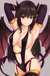  armpits arms_up bangs black_gloves black_hair breasts closed_mouth commentary_request contrapposto cowboy_shot demon_girl demon_horns demon_tail demon_wings elbow_gloves eyebrows_visible_through_hair garter_straps gloves hair_between_eyes heart highres horns large_breasts long_hair looking_at_viewer navel original panties purple_eyes purple_panties revealing_clothes sidelocks simple_background smile solo standing succubus tail takocha thighhighs underwear wings zipper 