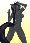  2017 ahmenset anthro anubian_jackal armlet breasts butt canine ear_piercing female fur grey_fur jackal kittentits looking_back mammal piercing pussy simple_background smile solo tongue tongue_out v_sign 