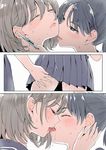  ayanero_taicho bangs blue_hair closed_eyes comic commentary_request cuts eyebrows_visible_through_hair french_kiss grey_hair hand_on_ass injury kiss lips multiple_girls original pussy_juice simple_background skirt sweat sweatdrop swept_bangs twitter_username wet white_background yuri 