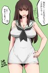  adapted_uniform arm_behind_back artist_name bangs black_neckwear blunt_bangs blush breasts brown_eyes brown_hair cleavage dated dress embarrassed eyebrows_visible_through_hair girls_und_panzer green_background hand_on_hip highres hoshikawa_(hoshikawa_gusuku) large_breasts long_hair looking_at_viewer mature neckerchief nishizumi_shiho ooarai_school_uniform open_mouth sailor_dress short_dress signature sleeveless sleeveless_dress solo translated wavy_mouth 