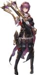  1girl absurdres ascot black_boots black_cape black_hairband boots cape crossbow crossed_bangs dress gloves hairband highres holding holding_crossbow holding_weapon knee_guards long_hair non-web_source nungal_(sword_of_convallaria) official_art pantyhose purple_cape purple_eyes purple_hair quiver short_dress solo sword_of_convallaria transparent_background two-sided_cape two-sided_fabric weapon white_gloves 