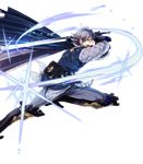  bag belt boots brown_eyes cape dagger fire_emblem fire_emblem_heroes fire_emblem_if full_body gloves grey_hair highres lazward_(fire_emblem_if) male_focus official_art open_mouth solo sparkle suekane_kumiko sword teeth transparent_background weapon 