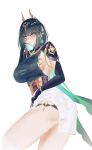  1girl ancient_egyptian_clothes armor armored_gloves armpit_peek ass black_gloves blush breasts dress ear_piercing earrings genshin_impact gloves green_dress hair_ornament highres jewelry large_breasts looking_at_viewer mole mole_under_eye nefer_(genshin_impact) piercing s7nsles short_dress short_hair shoulder_armor sideboob sleeveless sleeveless_turtleneck smile solo standing tattoo teeth thigh_strap thighs turtleneck white_dress 