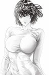  1girl absurdres black_hair bob_cut breasts covered_navel fubuki_(one-punch_man) highres looking_at_viewer mostlybluewyatt one-punch_man short_hair simple_background skin_tight smile solo white_background 