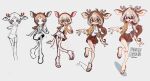  1girl animal_ears antlers brown_coat brown_eyes brown_hair brown_sandals brown_shorts coat commentary deer_ears deer_girl grey_background highres hooves horns long_hair low_ponytail multiple_views open_clothes open_coat open_mouth original ponytail progression sandals shorts simple_background sketch skullsideart sweater symbol-only_commentary very_long_hair white_sweater 