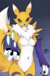 absurd_res anthro armwear bandai_namco black_claws black_nose black_sclera blue_eyes breasts canid canine claws clothing digimon digimon_(species) dipstick_ears dipstick_tail ear_markings featureless_breasts female fur fur_tuft hi_res hip_tuft looking_at_viewer mammal markings mostly_nude multicolored_body multicolored_ears multicolored_fur navel pupils renamon skyversa tail tail_markings tuft two_tone_ears two_tone_tail white_body white_breasts white_ears white_fur white_tail