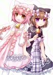  2girls absurdres animal_ear_headwear bell black_dress black_hat blush_stickers brown_hair cat_girl dress emil_chronicle_online frilled_hat frills hat highres multiple_girls neck_bell nekomata_midori nekomata_momo nightgown open_mouth pink_dress pink_hair pink_hat pink_ribbon purple_eyes purple_ribbon ribbon sleepwear thighhighs tkht_sato white_background white_thighhighs yellow_eyes 