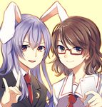  animal_ears brown_eyes brown_hair bunny_ears cellphone crescent crescent_moon_pin fox_shadow_puppet glasses kaede_(mmkeyy) lavender_hair long_hair long_sleeves looking_at_viewer multiple_girls necktie open_mouth outline phone red-framed_eyewear red_eyes red_neckwear reisen_udongein_inaba school_uniform semi-rimless_eyewear short_hair simple_background smartphone smile suit_jacket touhou under-rim_eyewear upper_body usami_sumireko yellow_background 