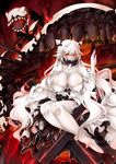  bangs black_footwear breasts cleavage collarbone covered_mouth dress full_body glowing glowing_eyes horns huge_breasts kantai_collection long_hair long_sleeves looking_at_viewer midway_hime monster pale_skin red_eyes shinkaisei-kan shoes sitting solo teeth thorns tsukineko turret very_long_hair white_dress white_hair 