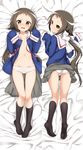  ass black_legwear blush bow brown_hair cameltoe dakimakura embarrassed feet flat_chest full_body hair_bow hatakenaka_(kamagabuchi) highres kneehighs kneepits long_hair looking_at_viewer looking_back low_ponytail lying mikakunin_de_shinkoukei mitsumine_mashiro multiple_views navel on_back on_stomach open_clothes open_mouth open_shirt panties parted_lips school_uniform shirt skirt skirt_lift sleeves_past_fingers sleeves_past_wrists soles trefoil underwear very_long_hair white_panties yellow_eyes 